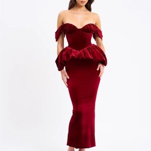 Abigail Velvet Off Shoulder Bubble Hem Peplum Maxi Dress